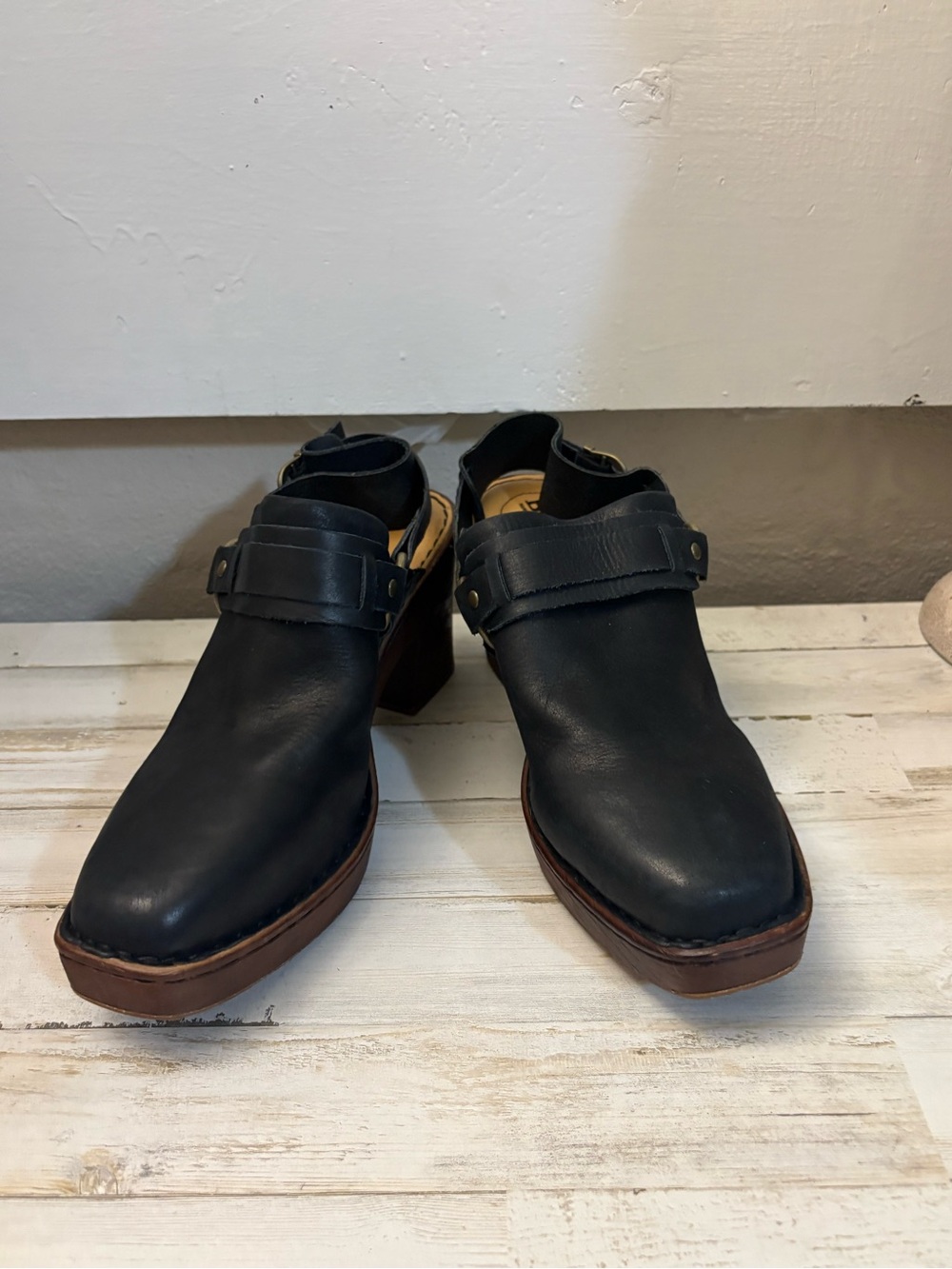 Born Black Leather Platform Clogs with Brown Sole